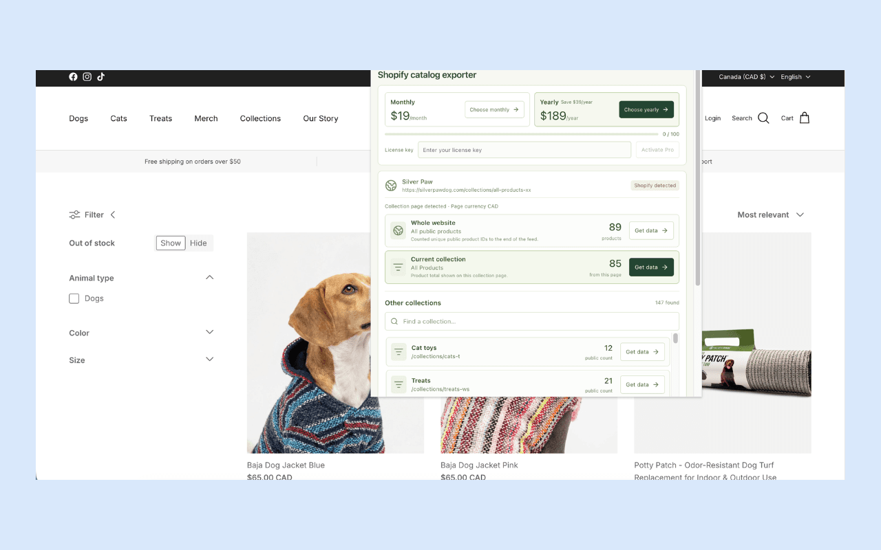 Catalog Prep open on a Shopify storefront, showing separate website and current collection counts and a searchable collection list